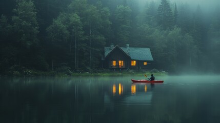 Obraz premium A person kayaking in lake water in winter with snow with house