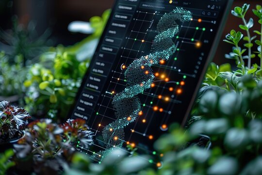 A laptop displaying a DNA strand with a green background