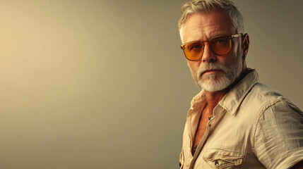 Retraro de hombre mayor con gafas de sol naranjas y con la camisa abierta. Posando con un aspecto atractivo, atrevido y desenfadado.