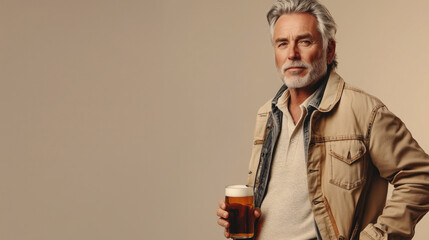 Retraro de hombre sosteniendo una cerveza. Vestido con camisa desgastada.