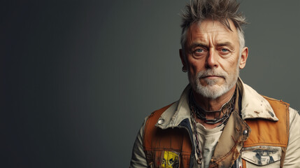 Retraro de hombre con estética punk. Vestido con camisa desgastada y cadenas de collar. Cabello sutilmente punk y barba.