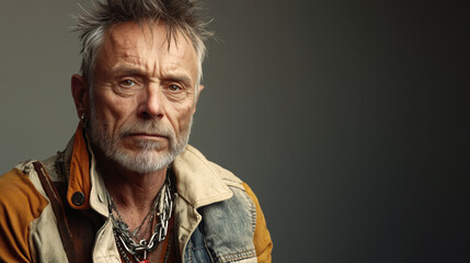 Retraro de hombre con estética punk. Vestido con camisa desgastada y cadenas de collar. Cabello sutilmente punk y barba.