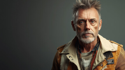 Retraro de hombre con estética punk. Vestido con camisa desgastada y cadenas de collar. Cabello sutilmente punk y barba.