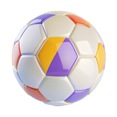 Fototapeta premium This is a three-dimensional model of a soccer ball. This image contains a colored ball with white, yellow, orange and purple panels.