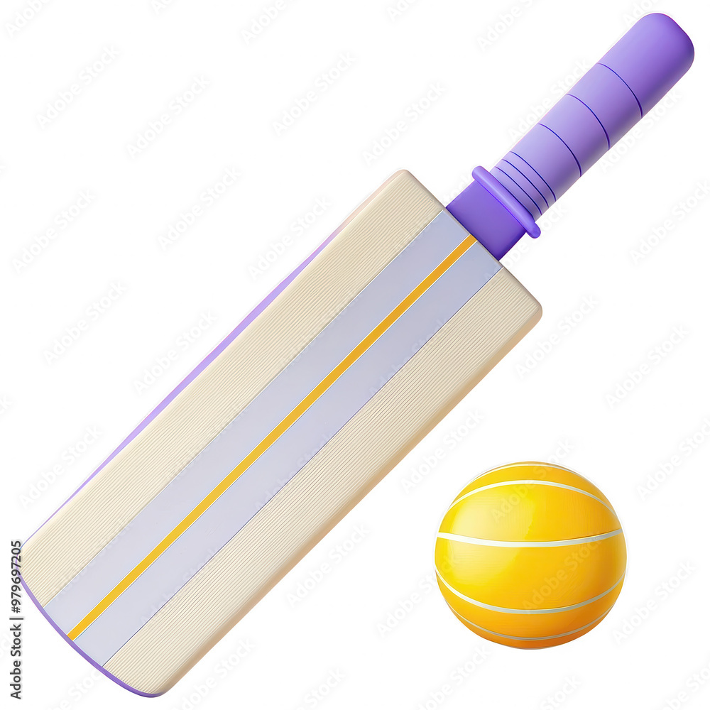 Poster this image is a 3d rendering of a cricket bat with a purple handle and a yellow ball on a transparen