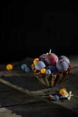 natural still life autumn fair colored fruits in rustic style