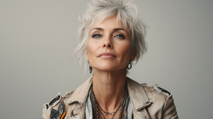 Retrato de una mujer mayor de estética elegante y una mirada sensual. Vestida a la moda con una bonita sonrisa.