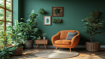 A cozy living room with an armchair and a variety of plants.