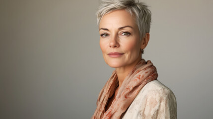 Retrato de una mujer mayor de estética elegante y una mirada sensual. Vestida a la moda con una bonita sonrisa.