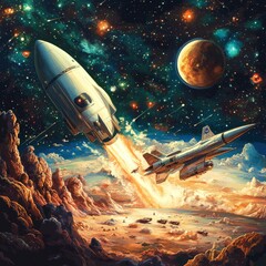 Obraz premium Spacecraft Launch on Alien Planet with Starry Sky