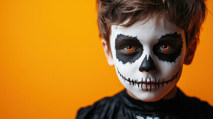 Retraro en primer plano de un niño en Halloween sobre fondo naranja. Niño maquillado como una calavera y con los ojos naranjas brillantes. Misterio. 