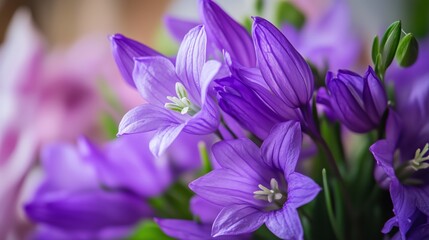 Macro shot of beautiful purple flowers blooming, showcasing delicate petals and intricate details in a vibrant, natural setting.