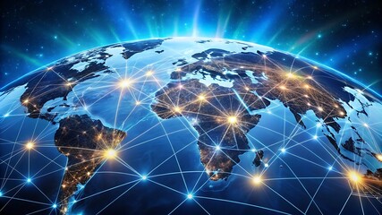 Obraz premium Abstract Global Network with a Luminous World Map and Detailed Data Transfer Connections, Depicting Seamless International Connectivity