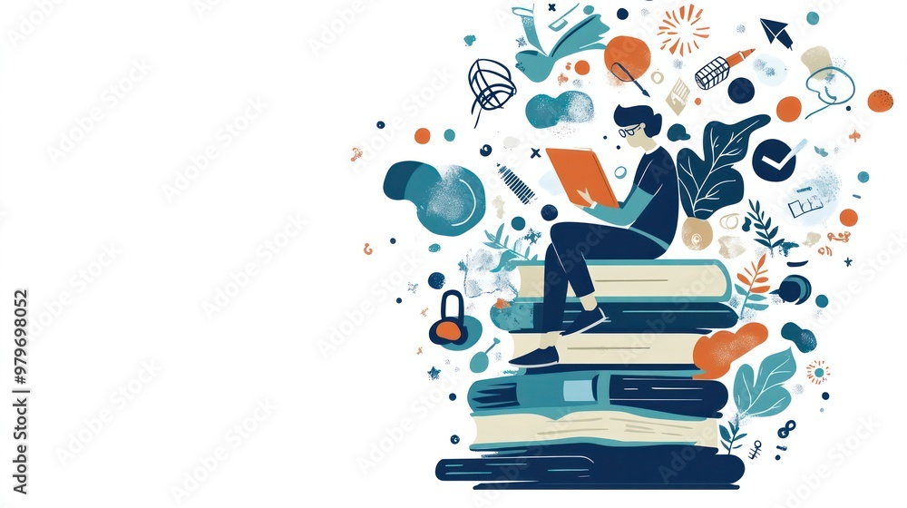 Poster a man is sitting on a stack of books