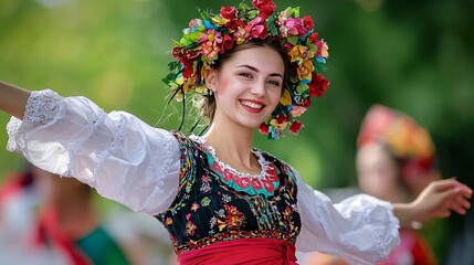 Polish Folk Dancer Performing in Traditional Attire