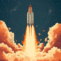 Naklejka premium Rocket Launch into Space with Clouds and Stars