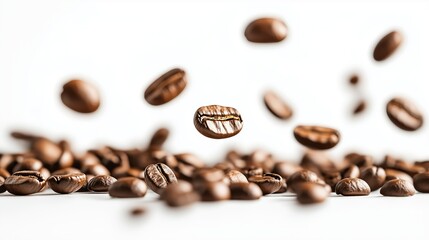 Obraz premium Dynamic close-up shot of roasted coffee beans in motion against a white background, showcasing freshness and energy.
