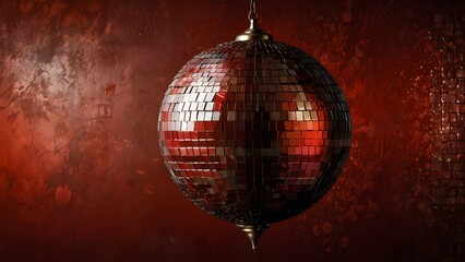 Obraz premium Shimmering Disco Ball Reflecting Vibrant Colors Against a Deep Red Backdrop in a Lively Party Setting