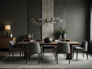 Elegant grey-toned dining room with minimalist design.