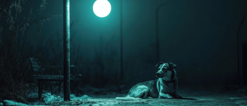 Stray dog resting under a streetlamp on a quiet, moonlit night with a tranquil atmosphere