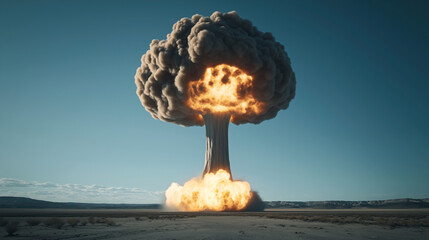 A large mushroom cloud from an explosion, likely a nuclear bomb test, rises over a barren desert landscape under a clear blue sky.