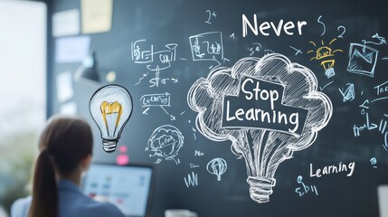 A woman is sitting at a desk with a chalkboard behind her