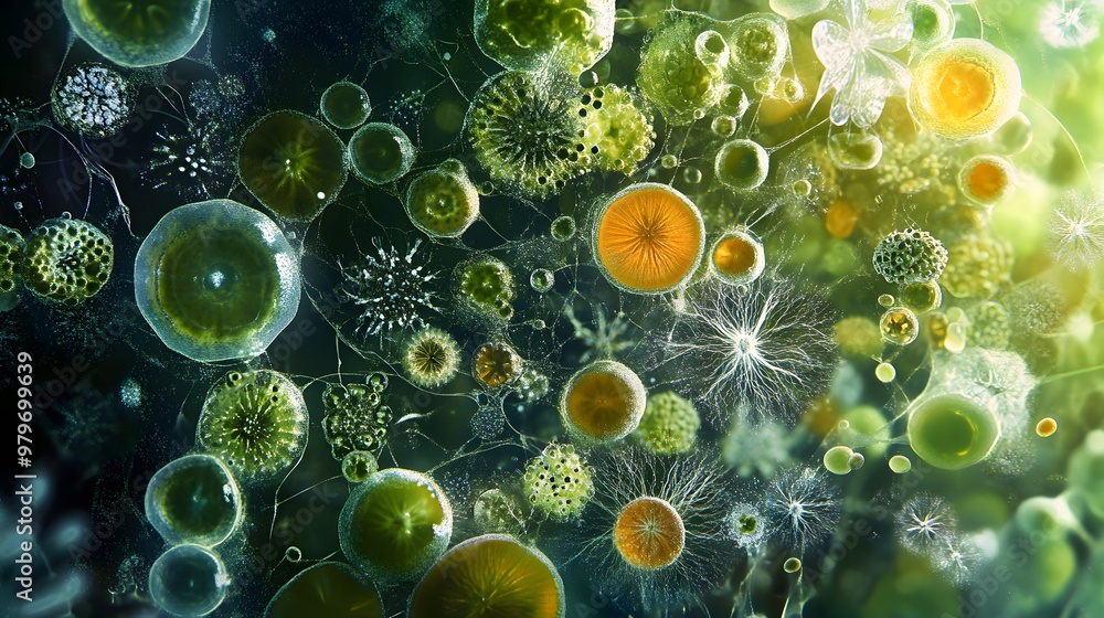 Poster microscopic view of diverse algae and microorganisms in a water sample