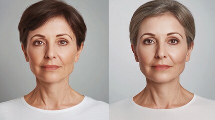 Side-by-side comparison of an older woman with short brown hair and grey hair in a neutral background.