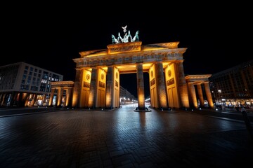 Obraz premium Aerial timelapse of Berlin at night, highlighting the Brandenburg Gate and the lively streets below