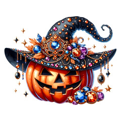 Jack-o-lantern wearing a witch hat with accessories