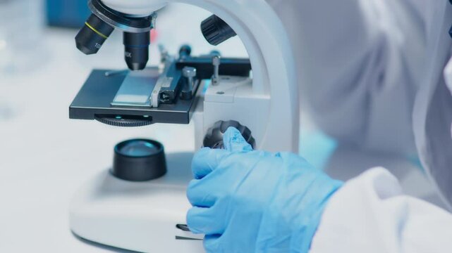 Female scientists use and adjust looking to microscope cells and bacteria in laboratory for research on pharmacy medical for healing and antibody for protect disease and virus