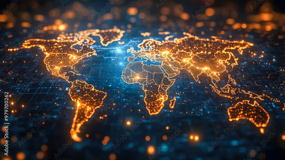 Poster a digital world map glowing with connected networks, representing global data exchange