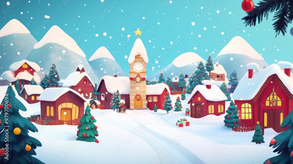 Poster a snowy village with a clock tower in the center