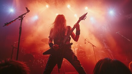 Heavy Metal Guitarist Performing on Stage with Lights and Fog