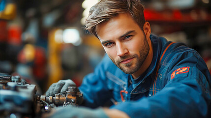 Portrait of a car mechanic at work, focused and professional, in an industrial workshop