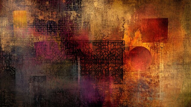 A textured abstract background with intricate patterns and layers, incorporating a mix of colors and shapes to create depth and visual interest.