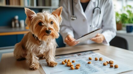 A veterinarian educating a pet owner about pet nutrition, with informative brochures and a chart on a desk, showing a professional and informative interaction.