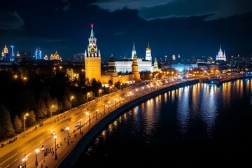 Obraz premium Aerial timelapse of Moscow at night, with the Red Square and Kremlin glowing under the city lights