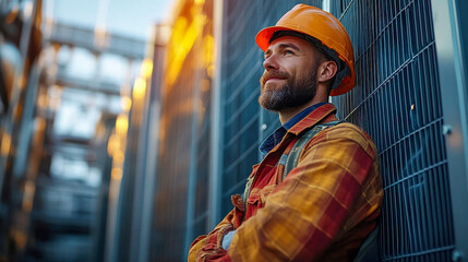 Smiling construction worker in a hard hat, leaning against a building at sunset, symbolizing job satisfaction and success