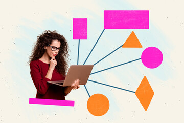 Composite photo collage of thoughtful business girl hold laptop think decision algorithm...