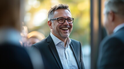 A businessman caught in a candid moment of conversation or laughter with colleagues.