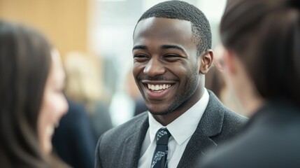 A businessman caught in a candid moment of conversation or laughter with colleagues.
