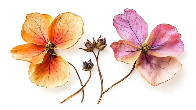 Pressed and dried flowers viscaria Isolated on white background For use in scrapbooking floristry or herbarium : Generative AI