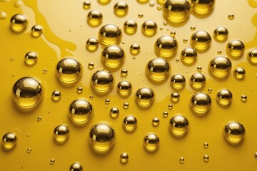 gold drops of oil or serum on an abstract yellow fluid background with bubbles