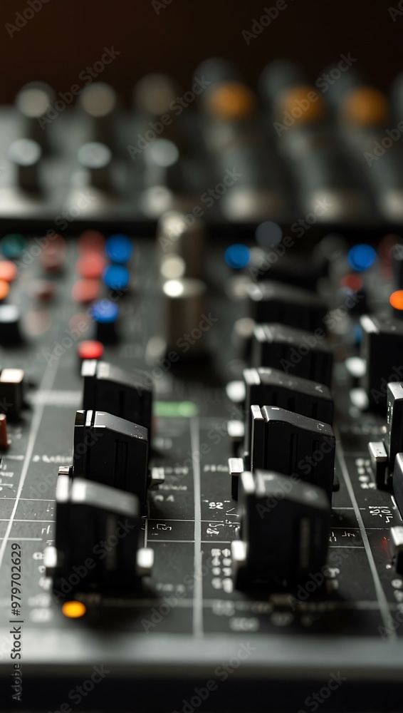 Poster fader on an audio mixer, adjusting sound levels.