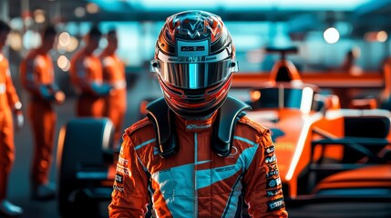 A Formula 1 racer in racing gear stands in front of his car at the pit stop of the race track