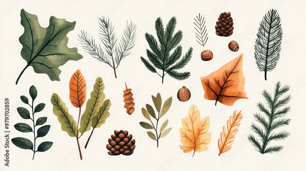 Poster A collection of leaves and pine cones in various sizes and shapes