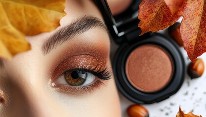 A rich autumn palette featuring bold eyeshadows in gold, copper, and auburn, with scattered leaves and acorns providing a seasonal backdrop.