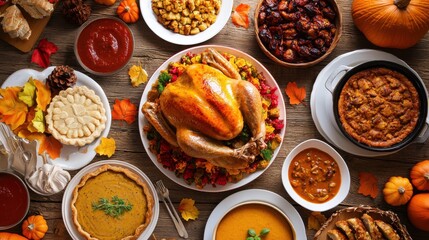 Thanksgiving table set with an array of dishes from different cultures spicy curries beside traditional turkey and pumpkin pie family members of various ethnicities gathered together in warmth