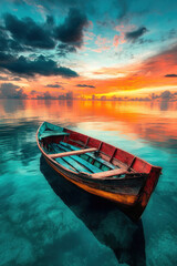 Fototapeta premium A boat drifting in the ocean, with a stunning sunset background reflecting off the water surface